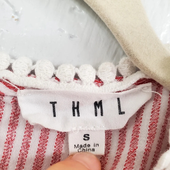 THML Red Pinstripe Navy Floral Embroidered Flowy Boho Top Small - Picture 6 of 10